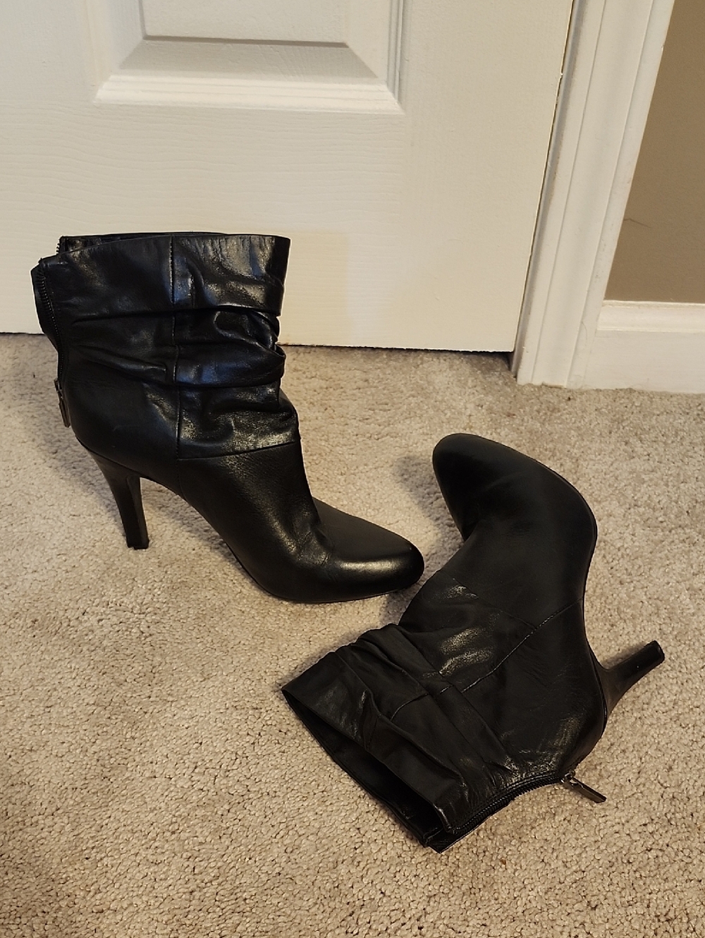 Women's Black Leather Ankle Boots with Slouch Detail